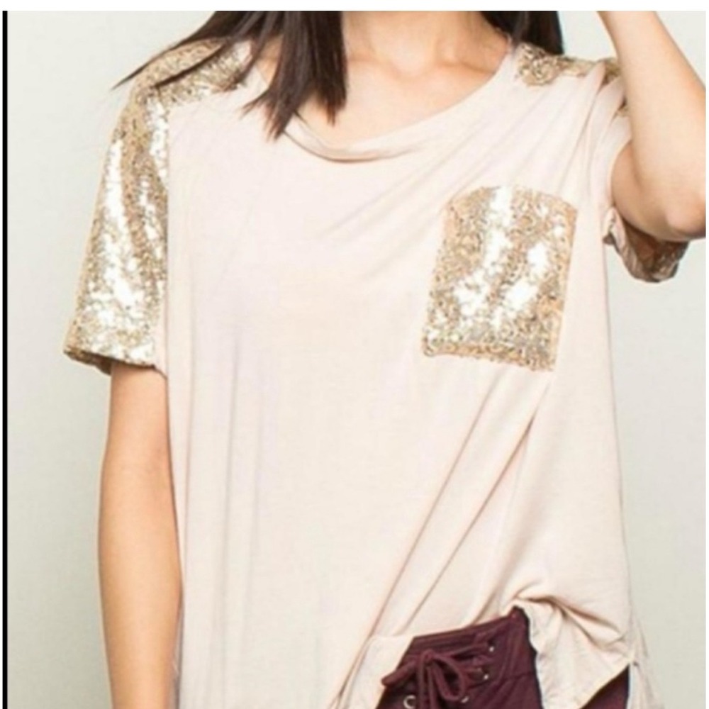 POL Women Beige Sequin Shoulder Pocket Top Short Sleeve Shirt Gold Sparkle Lg